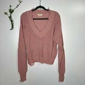 Elan Mauve Pink Distressed V-Neck Sweater